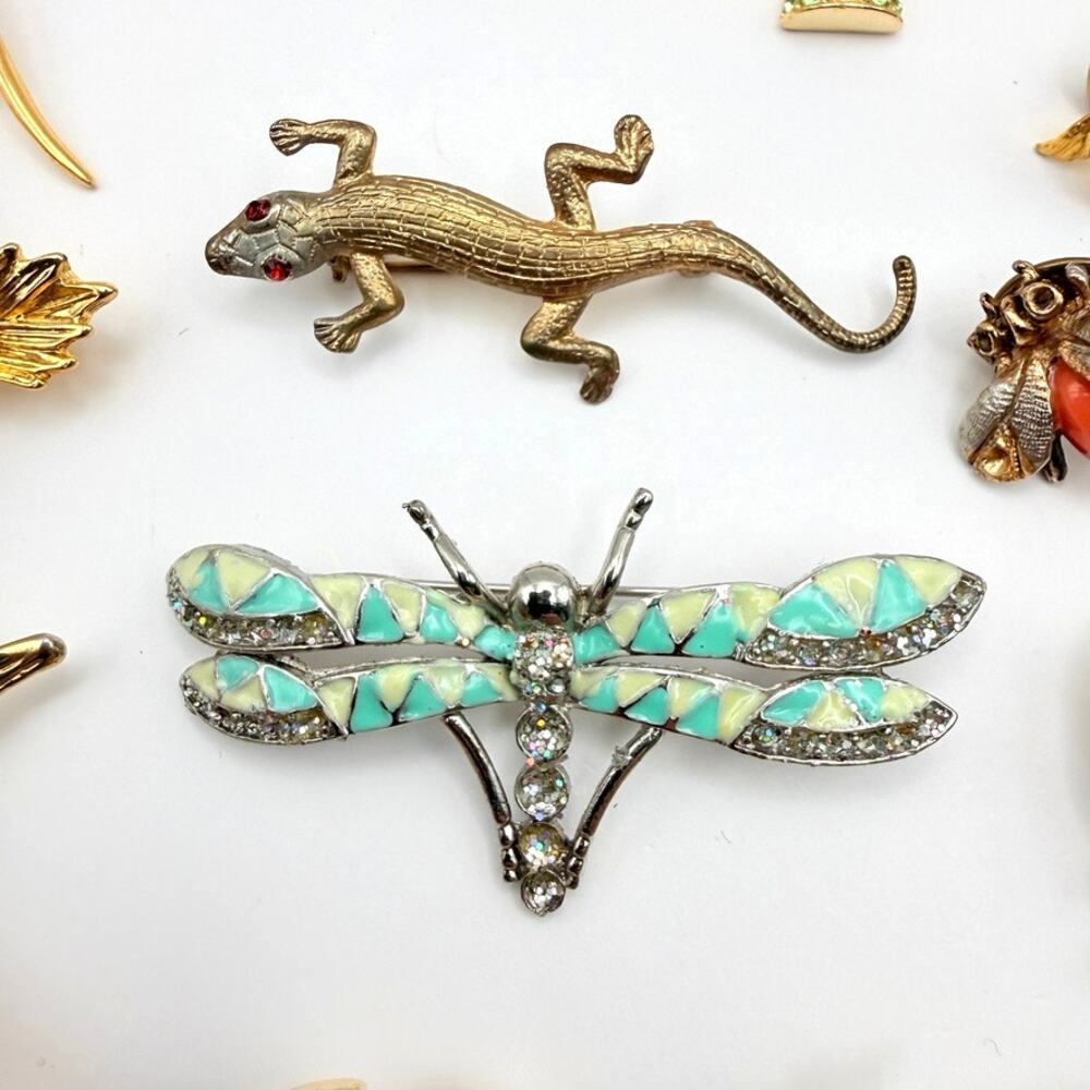 Huge Lot 21 Vtg Animal Insect Brooches Pins Gold Tone Rhinestone Enamel 3 Signed - Picture 6 of 15